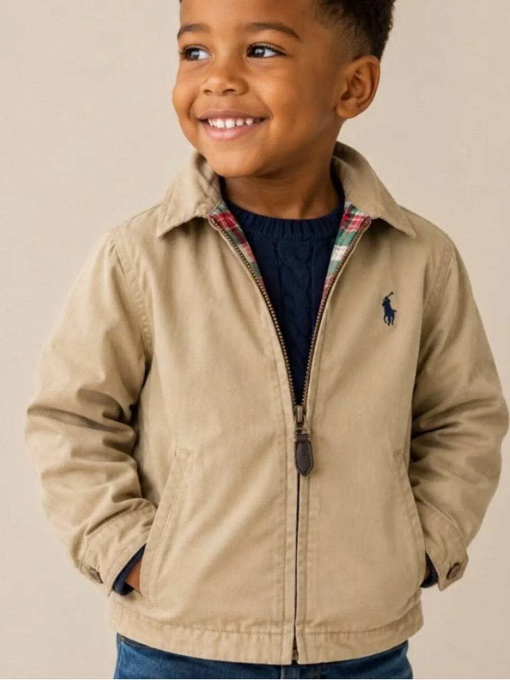 Polo Ralph Lauren Harrington Khaki Zip Jacket with Classic Plaid Trim